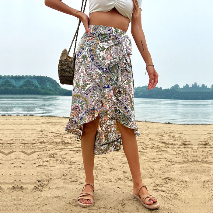 New Summer Vintage Print Irregular Skirts
