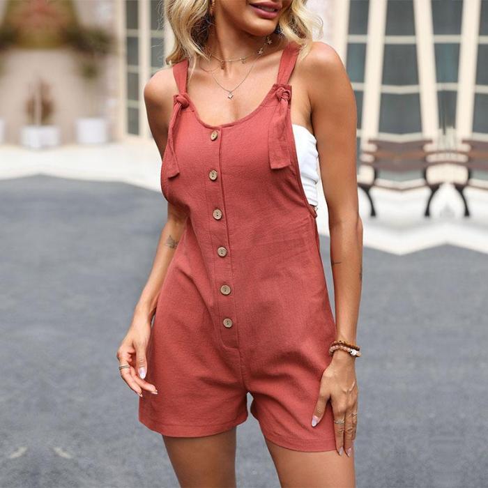 New Summer Fashion Women's Solid Color Cotton Linen Strap Rompers