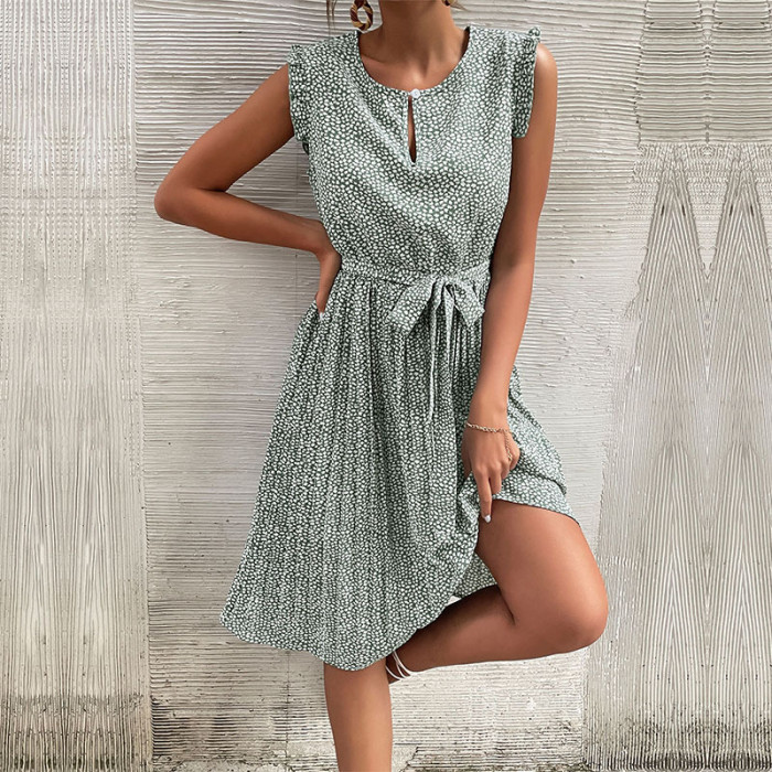New Casual Lace Up Crinkled Green Floral Casual Dresses