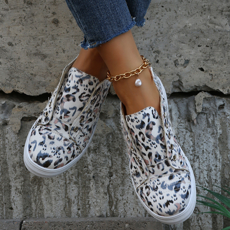 Large Size Leopard Print Spring And Summer New Flat Bottom Shallow Mouth Canvas Shoes