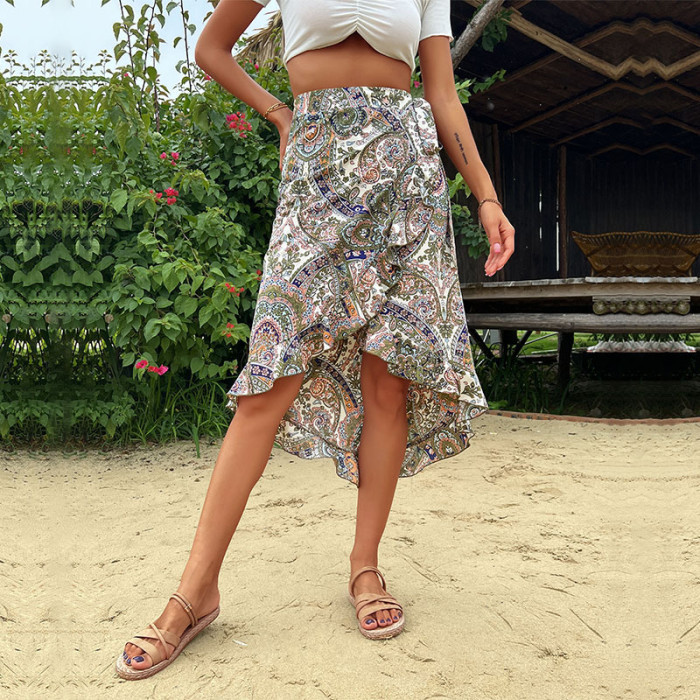 New Summer Vintage Print Irregular Skirts