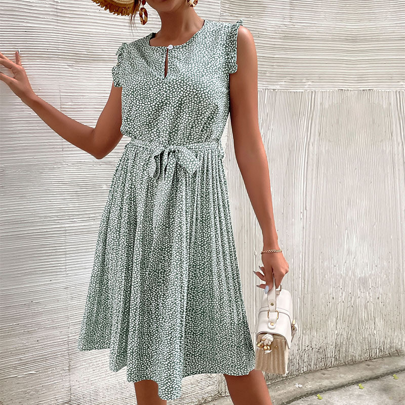 New Casual Lace Up Crinkled Green Floral Casual Dresses
