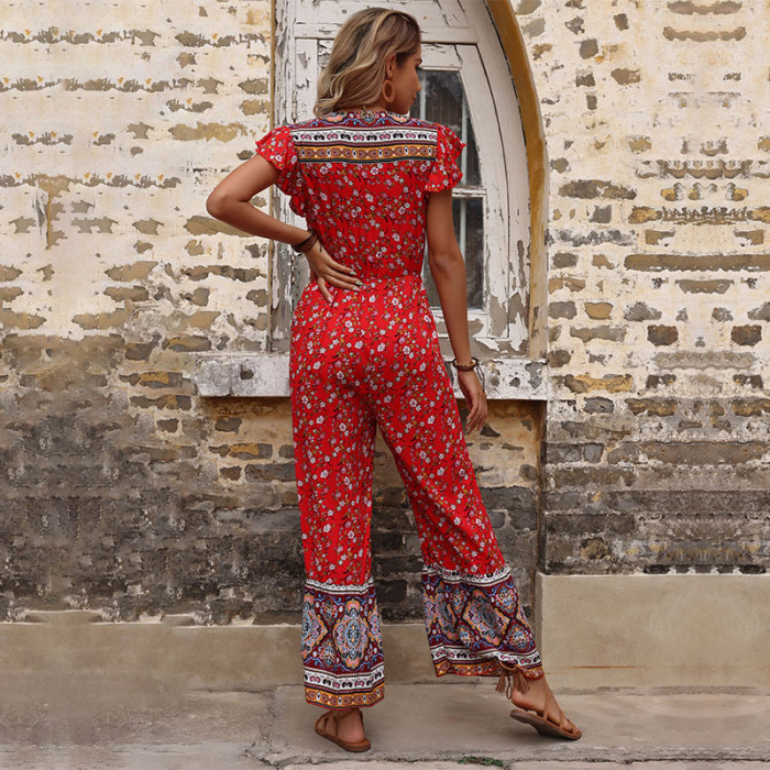 Summer New Casual Boho Ruffled Red Jumpsuits
