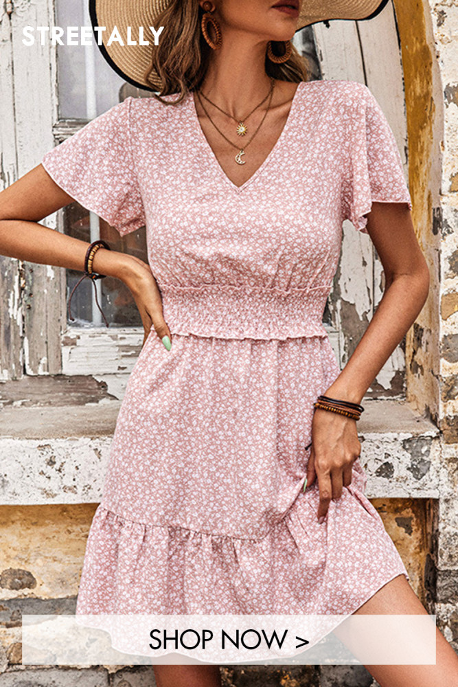New Floral Pink Casual V-Neck Ruffle Casual Dresses