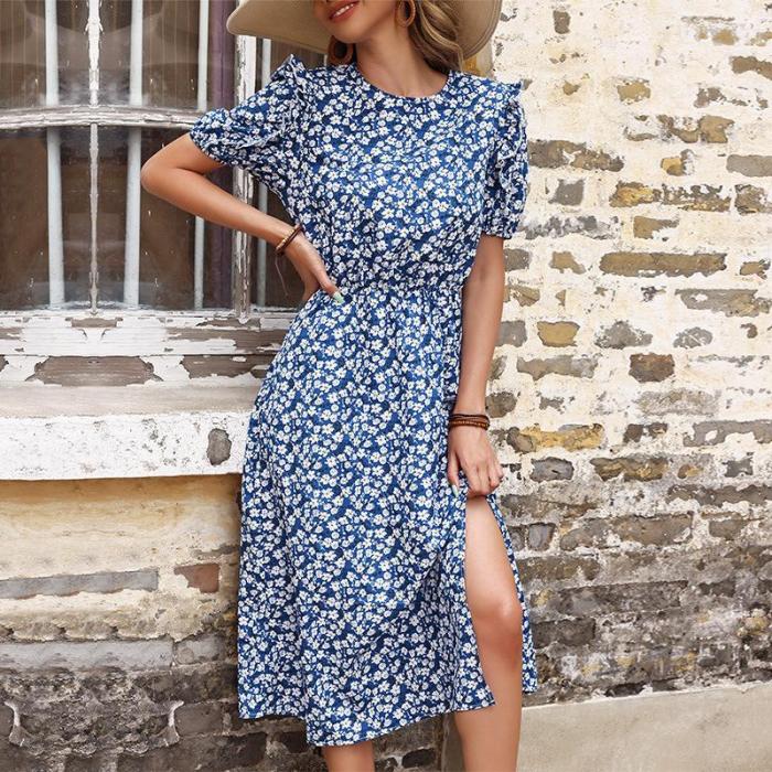 Summer New Casual Split Floral Blue Maxi Dresses