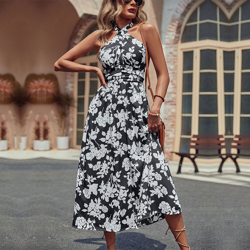 New Summer Halter Fashion Cross Print Sling Maxi Dresses