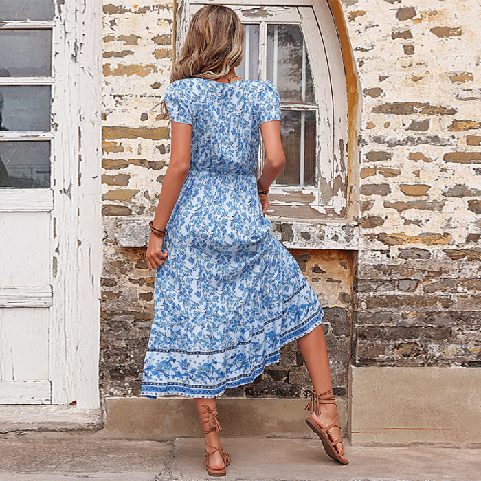 New Elegant Casual Slit Skirt V-Neck Short Sleeves Blue Maxi Dresses