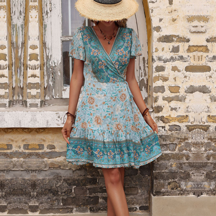 New Summer Vintage Women's Print Blue One Piece Casual Dresses
