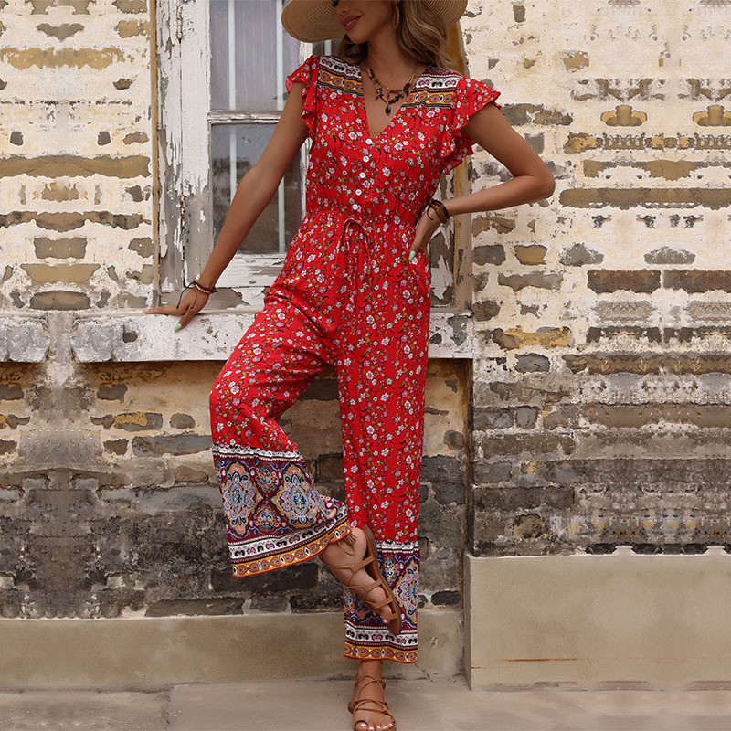 Summer New Casual Boho Ruffled Red Jumpsuits