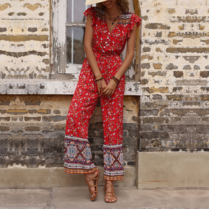 Summer New Casual Boho Ruffled Red Jumpsuits