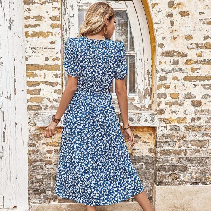 Summer New Casual Split Floral Blue Maxi Dresses