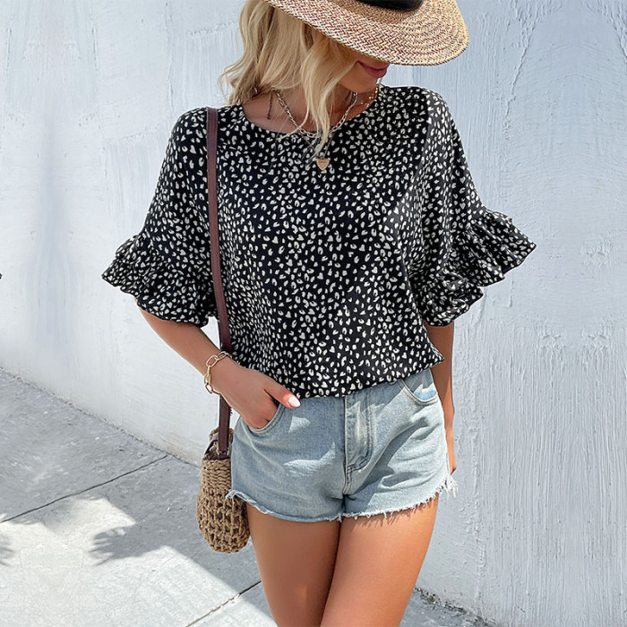 New Summer Loose Leopard Print Top Doll Sleeve Print Blouses & Shirts