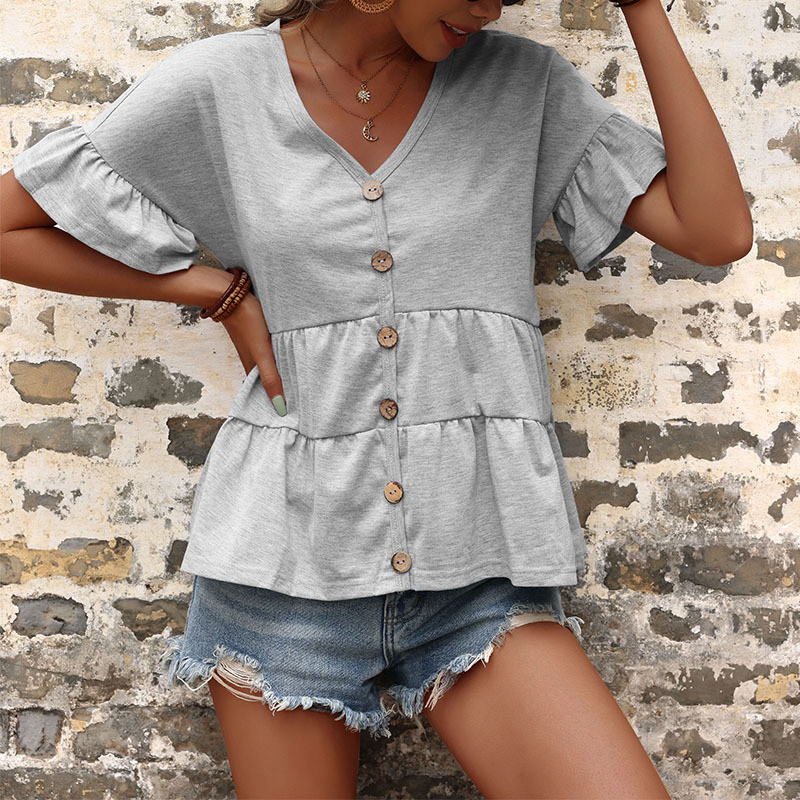 New Loose V-neck Top Ruffled Solid Color Short-sleeved Women's Blouses & Shirts