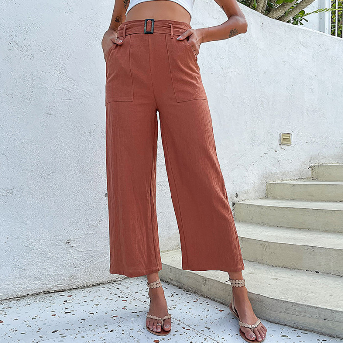Loose Cotton Linen Cropped Casual Pants Red Flare Pants