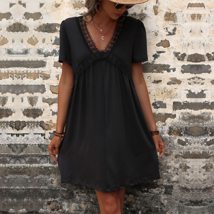 New Summer Fashion Women's Short Sleeve Black Loose Mini Dresses