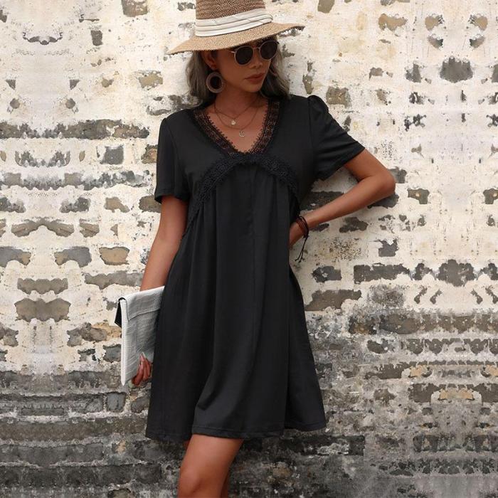 New Summer Fashion Women's Short Sleeve Black Loose Mini Dresses