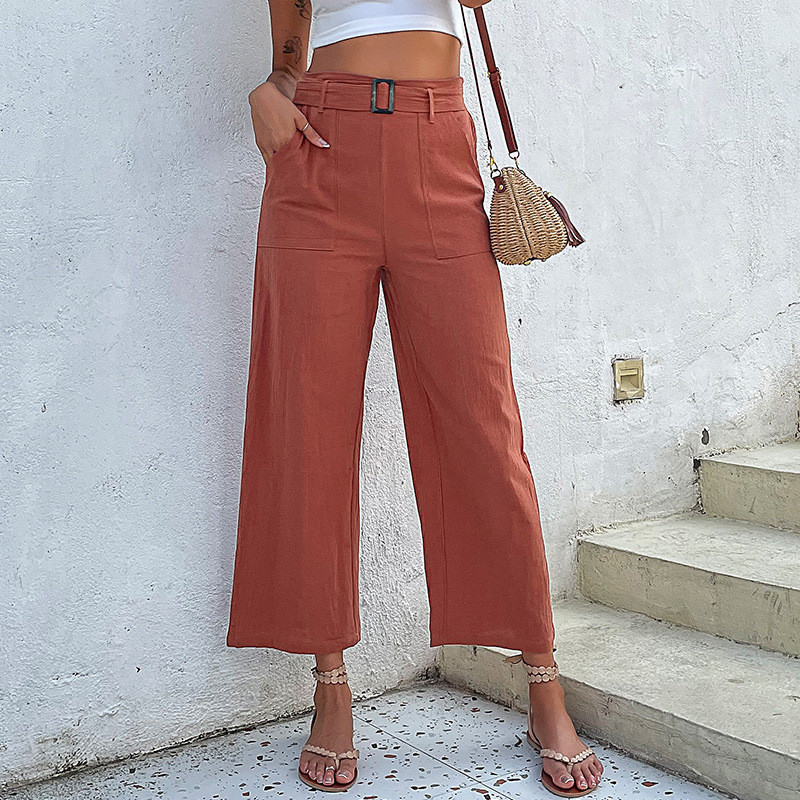 Loose Cotton Linen Cropped Casual Pants Red Flare Pants