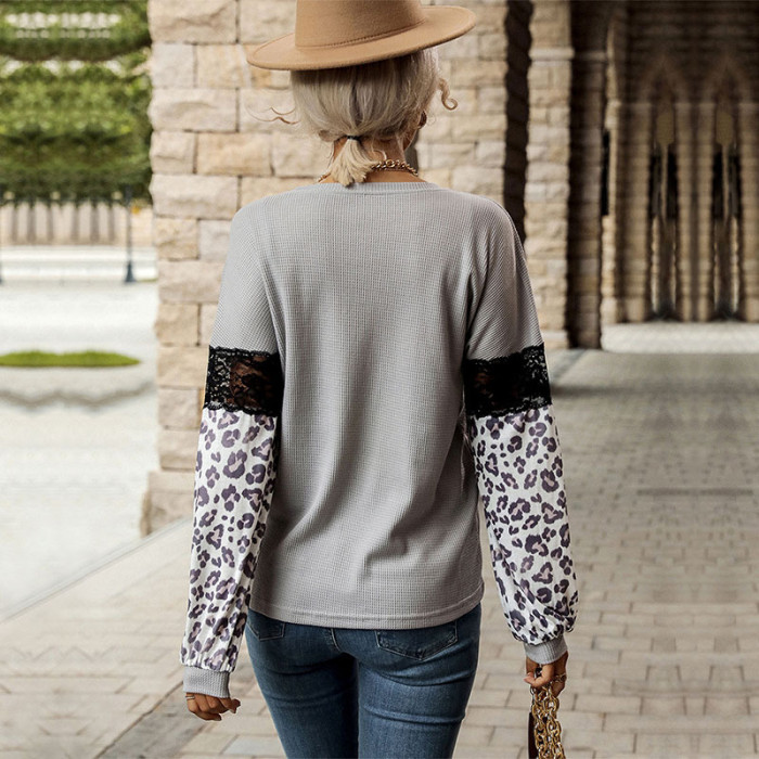 Fall/Winter Paneled Leopard Print Long Sleeve Contrast Knit Hoodies & Sweatshirts