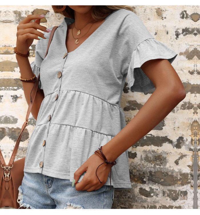 New Loose V-neck Top Ruffled Solid Color Short-sleeved Women's Blouses & Shirts