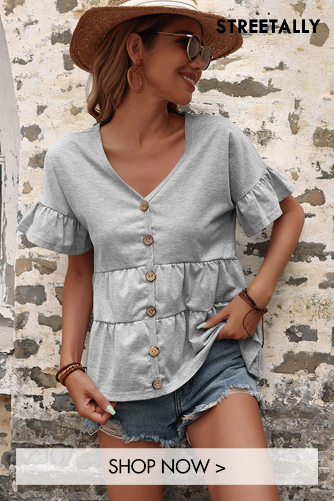 New Loose V-neck Top Ruffled Solid Color Short-sleeved Women's Blouses & Shirts