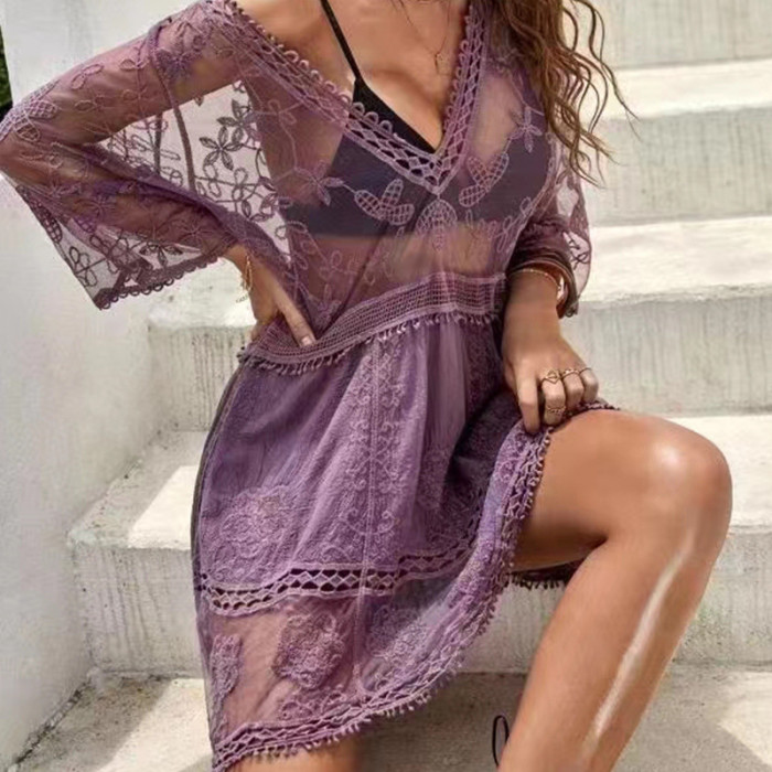 Sexy Lace Solid Color Seaside Bikini With Sun Protection Beach Cover Ups