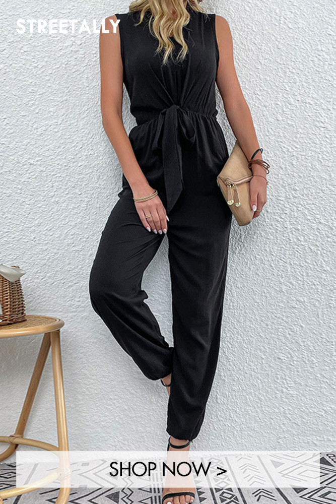 New Solid Color Straight Body Slim Black Rayon Jumpsuits