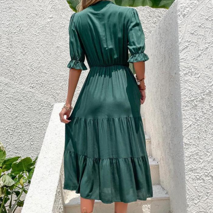 Solid Color Casual Pleated Bow Green Patchwork Wood Ear Midi Dresses