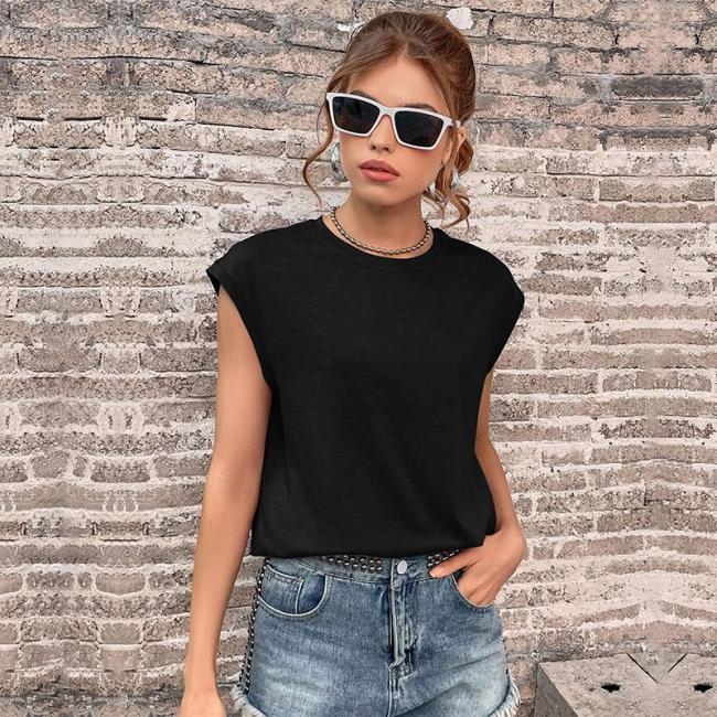Casual Sleeveless Top Round Neck Basic Solid T-Shirts