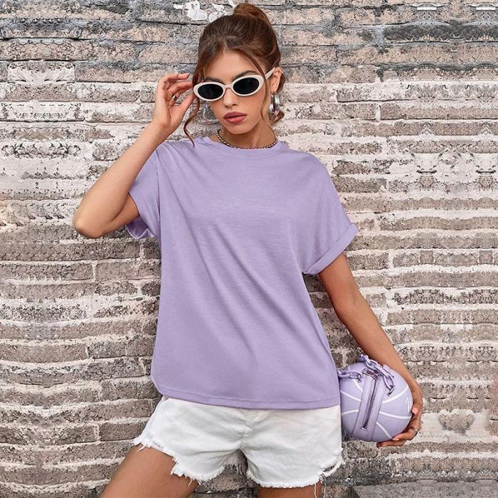 New Solid Color Top Round Neck White Half Sleeve Women T-Shirts