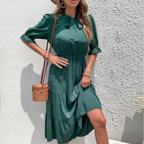 Solid Color Casual Pleated Bow Green Patchwork Wood Ear Midi Dresses