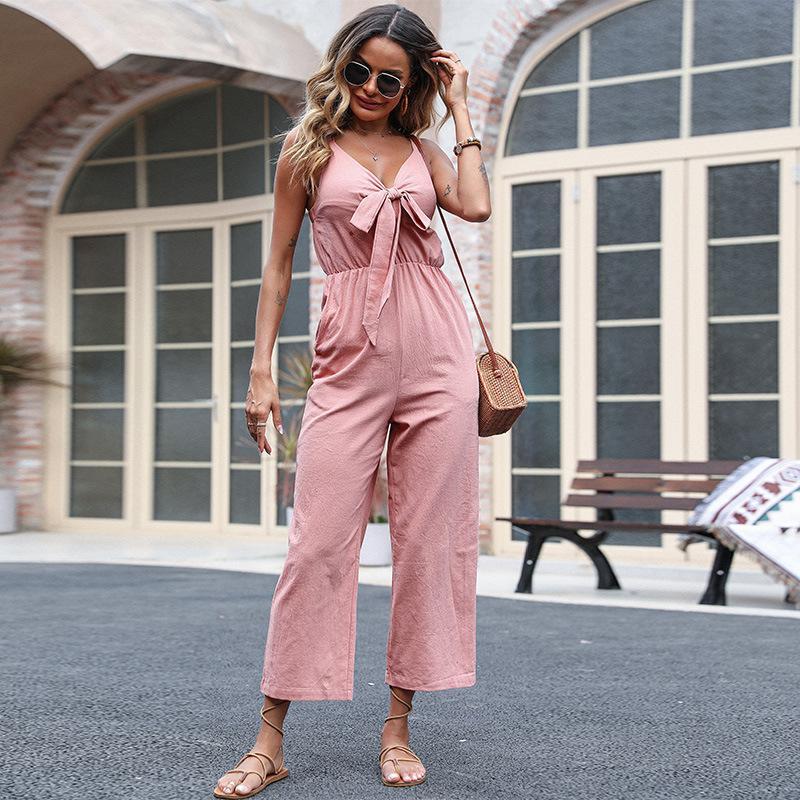 New Bow V-neck Cotton And Linen Solid Color Nine-point Pants Women's Jumpsuits