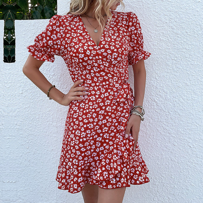 Trendy Elegant Ruffle Print Cropped Red One Piece Casual Dresses