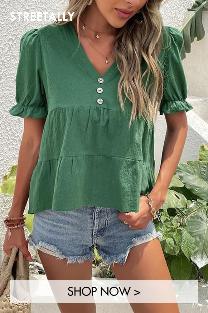 Trendy And Elegant Pleated Green Short-sleeved Cotton And Linen Top Blouses & Shirts
