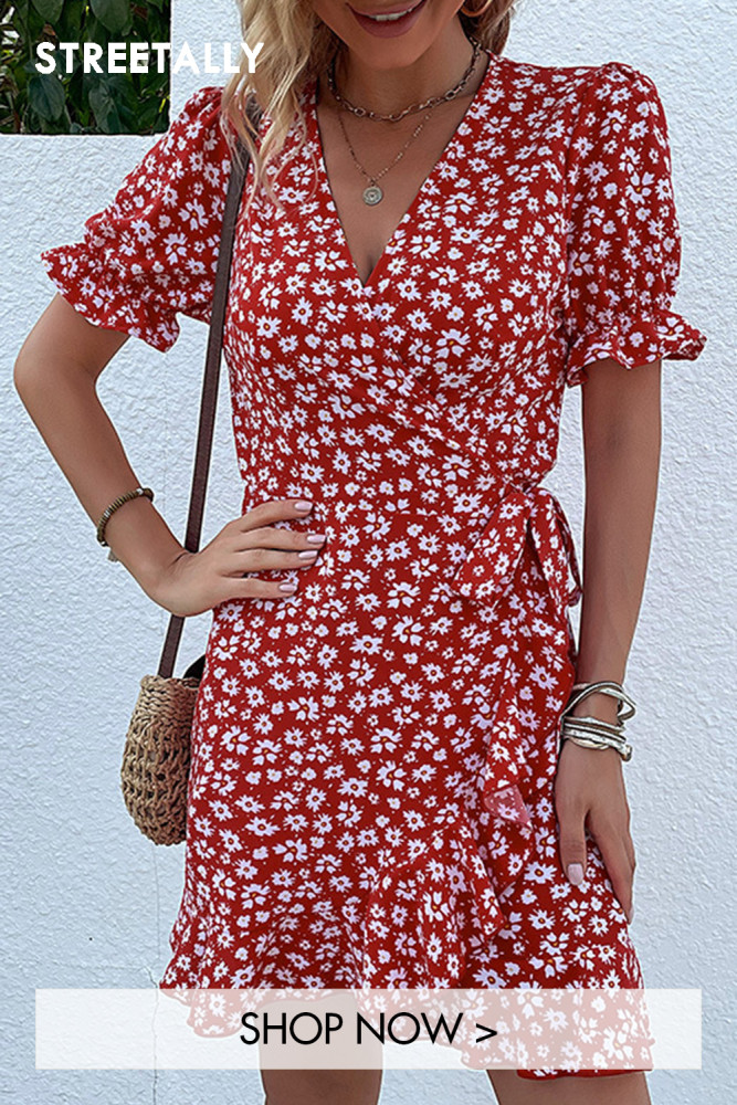 Trendy Elegant Ruffle Print Cropped Red One Piece Casual Dresses