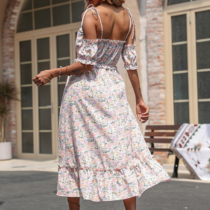 Elegant and Fashionable One-Shoulder Ruffled Floral Off-the-Shoulder Sling Midi Dresses