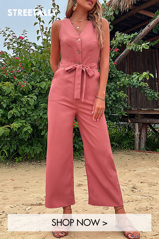 V-Neck Seaside Resort Sleeveless Casual Lace-Up Red Jumpsuits