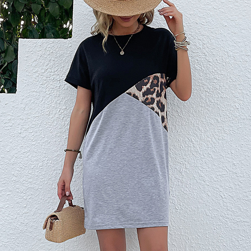 New Casual Loose Panel Crew Neck Leopard Print Casual Dresses