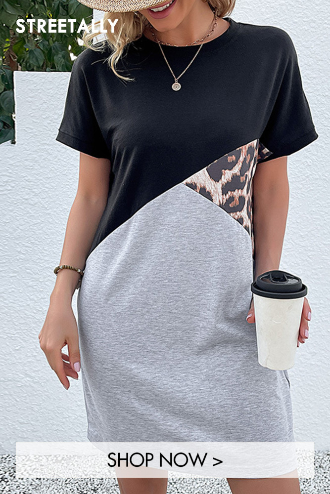 New Casual Loose Panel Crew Neck Leopard Print Casual Dresses
