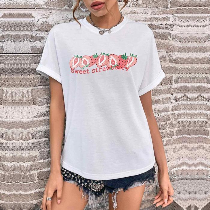 Printed Fashion Casual Top White Short Sleeve Crew Neck T-Shirts