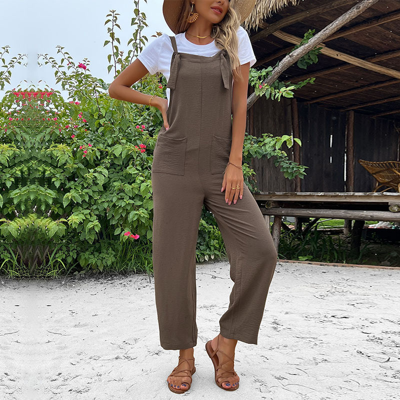 New Fashion Solid Color Nine Points Straight Strap Female Jumpsuits