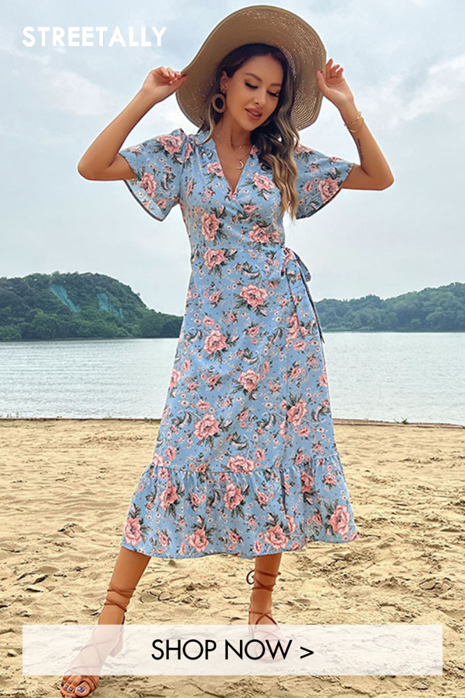 Seaside Resort Style New Lace-Up Elegant V-Neck Midi Dresses