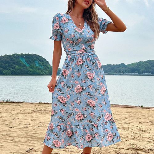 New Blue Slimming Seaside Resort Style V-neck Midi Dresses