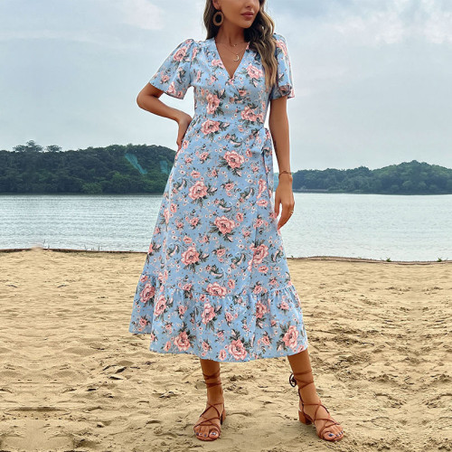Seaside Resort Style New Lace-Up Elegant V-Neck Midi Dresses
