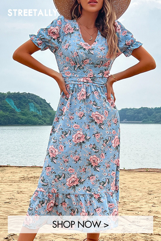 New Blue Slimming Seaside Resort Style V-neck Midi Dresses