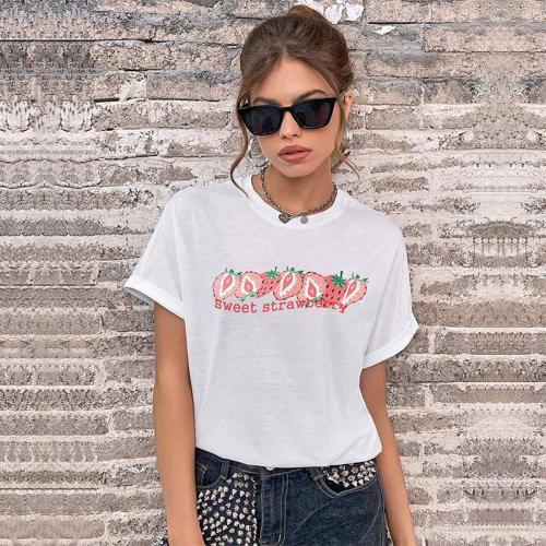 Printed Fashion Casual Top White Short Sleeve Crew Neck T-Shirts