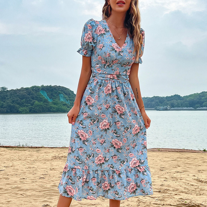 New Blue Slimming Seaside Resort Style V-neck Midi Dresses