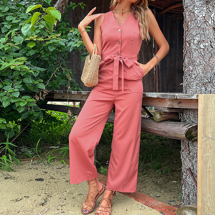 V-Neck Seaside Resort Sleeveless Casual Lace-Up Red Jumpsuits