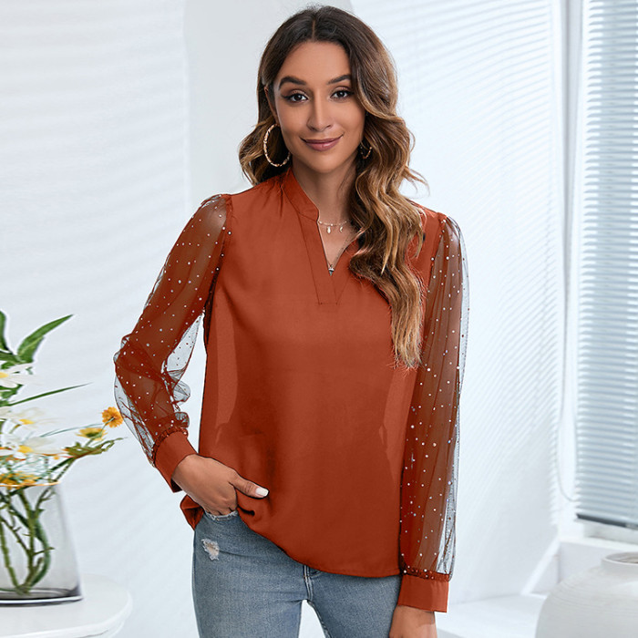 Long Sleeve Mesh Panel Top V-Neck Chiffon Blouses & Shirts