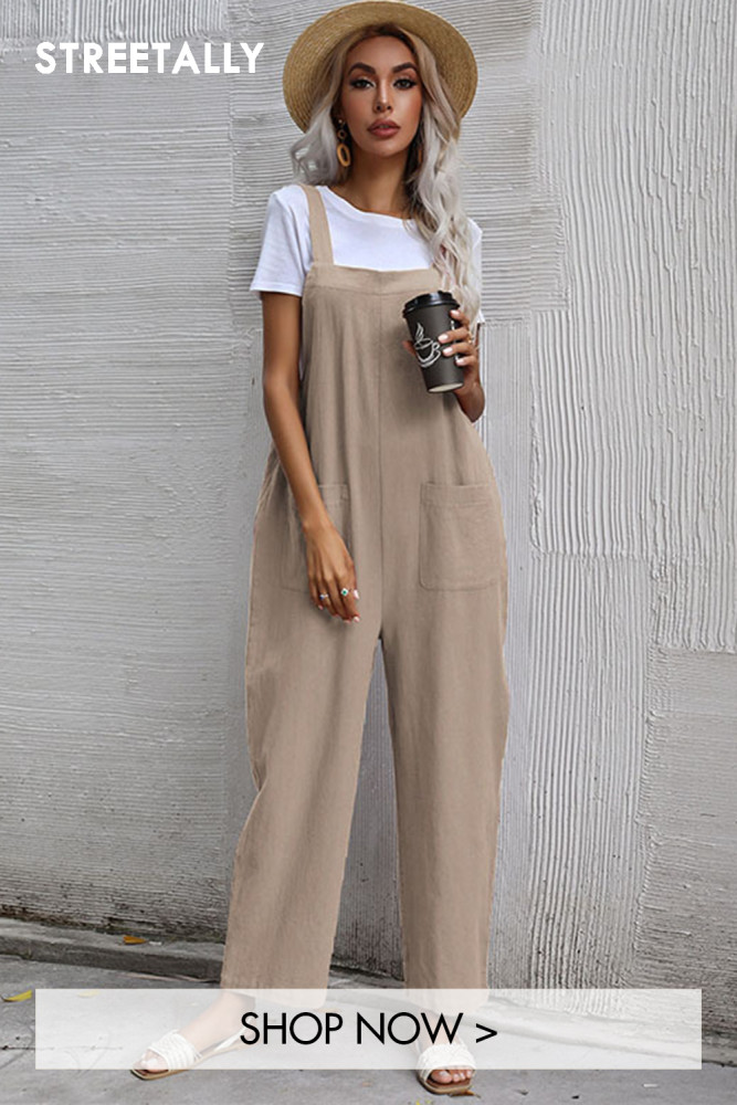 Commuter Women's Solid Color Cotton Linen Lazy Loose Strap Jumpsuits