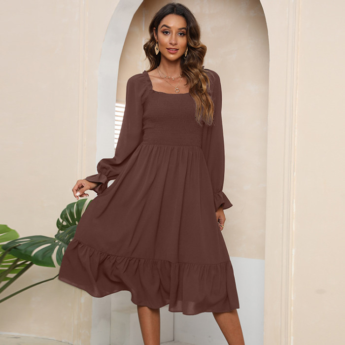 New Swing Long Sleeve Square Neck Casual Solid Midi Dresses